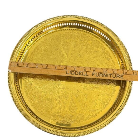 Vintage Ornate Gold-Plated Brass Round Tray 13" Serving Platter W Filigree Sides - Picture 5 of 8